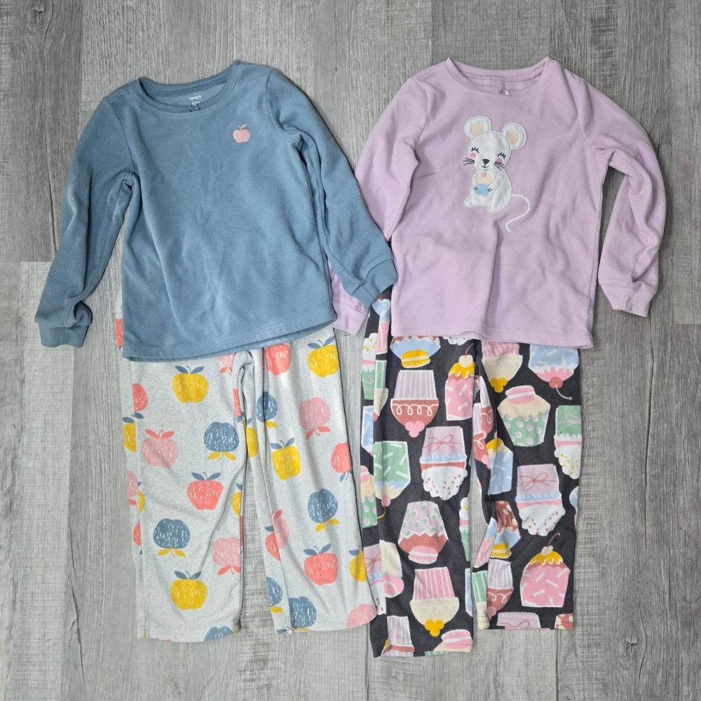 Carter's Pajamas Girls 5 Blue Pink Fleece Apple Cupcake Mouse PJ Set 2-Pack